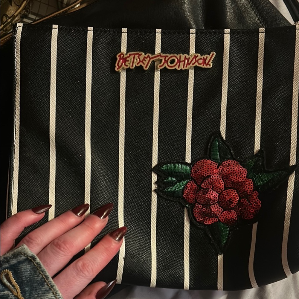 Betsey Johnson Black and White Striped Bag with Floral Accent